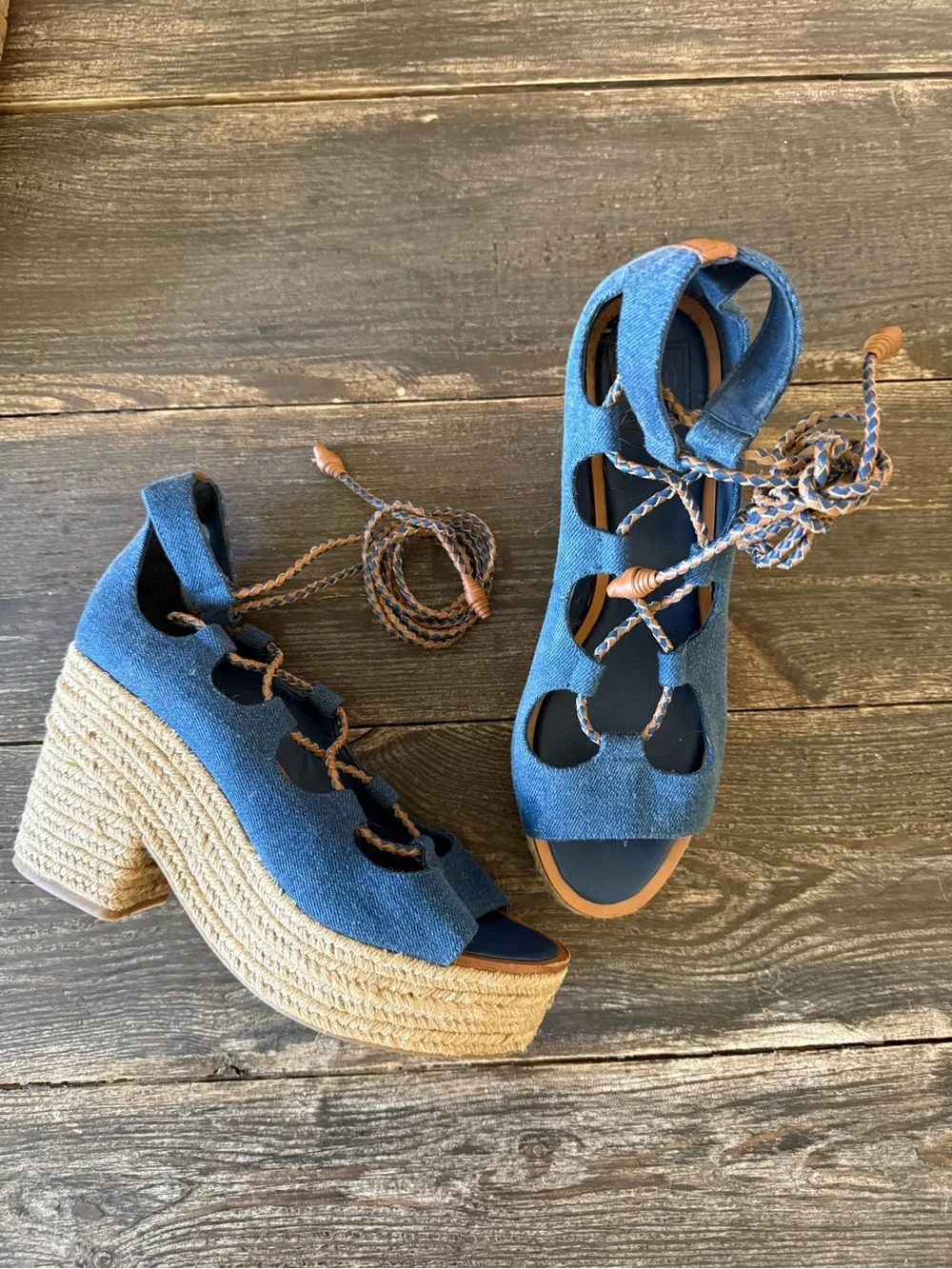 Tory Burch Women’s  Blue Lace-Up Espadrille Wedge Sandals